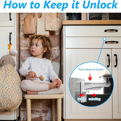 This set includes 8 child safety cabinet latches made of ABS material that is phthalate-free. They are easy to install with no drilling required, providing a secure fit. The invisible locks are perfect for drawers and countertop overhangs, recommended