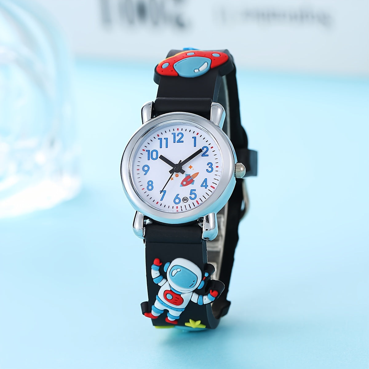 Children's Astronaut and UFO Quartz Watch - Silicone band, not waterproof, blue.