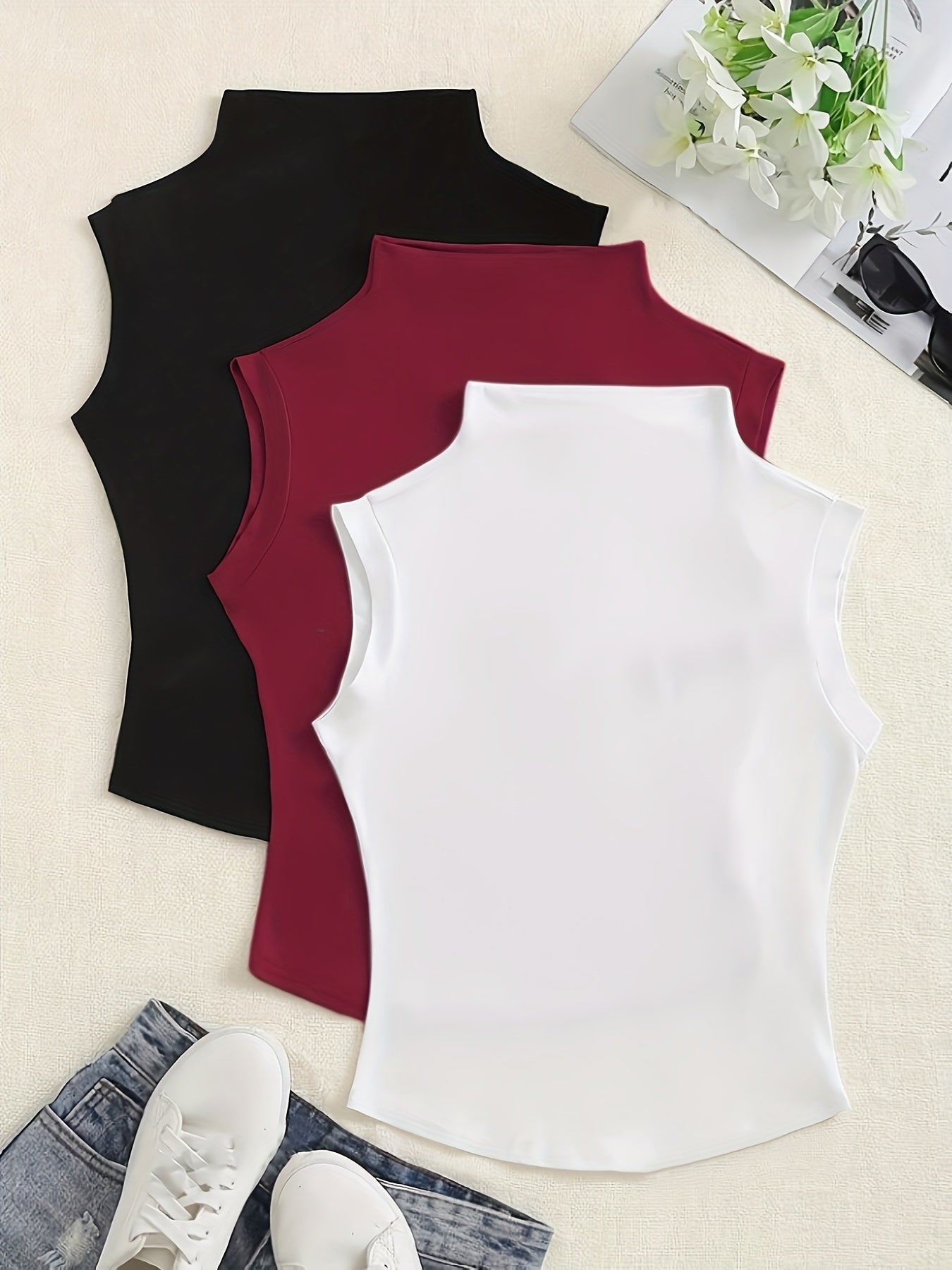 Solid color mock neck tank top, perfect for spring and fall.