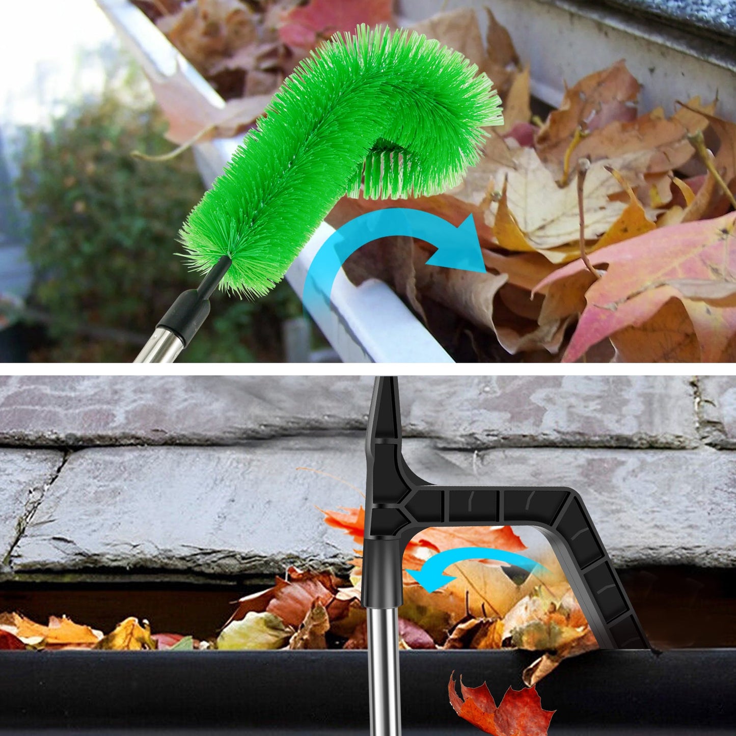 Telescopic Pole Gutter Cleaning Kit - Stainless Steel Brush & Leaf Shovel, 2-in-1 Tool with Adjustable Length for Convenient Storage and Safe Outdoor Cleaning.