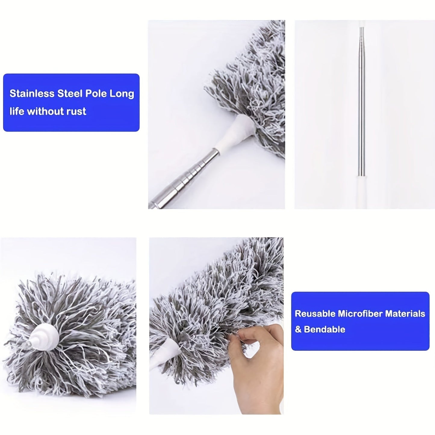 One piece of retractable dusters with a bendable head for dust removal, ideal for cleaning high ceilings, furniture, cars, and other surfaces. This reusable and washable duster is a versatile cleaning tool for all your cleaning needs.