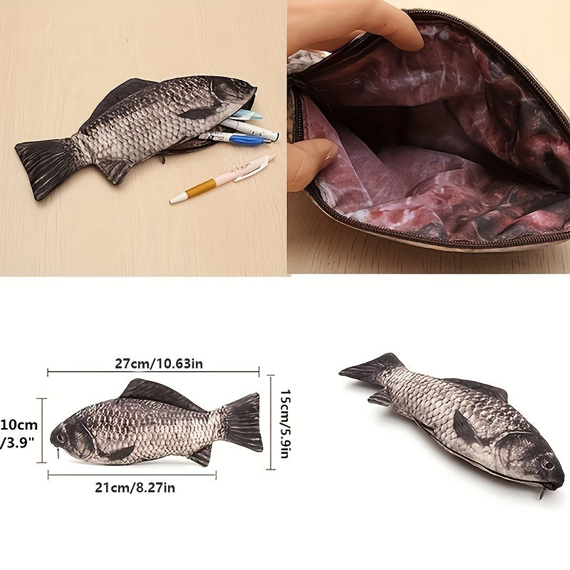 Simulated crucian pencil bag shaped like a salt fish with zipper, casual funny handbag gift.