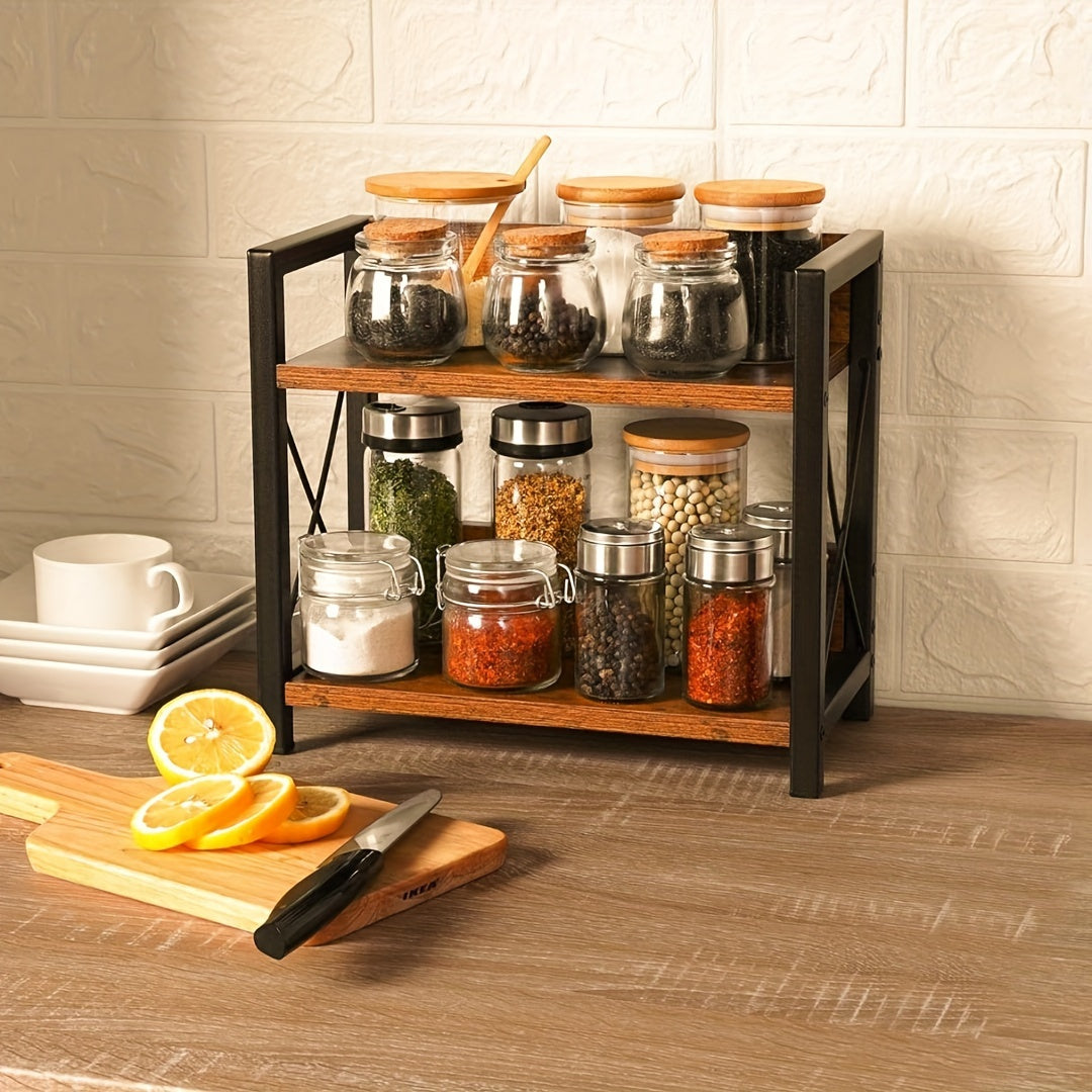 Wood and metal spice rack for kitchen with open design, Rustic Brown 2-Tier Countertop Organizer perfect for Coffee station storage shelf.