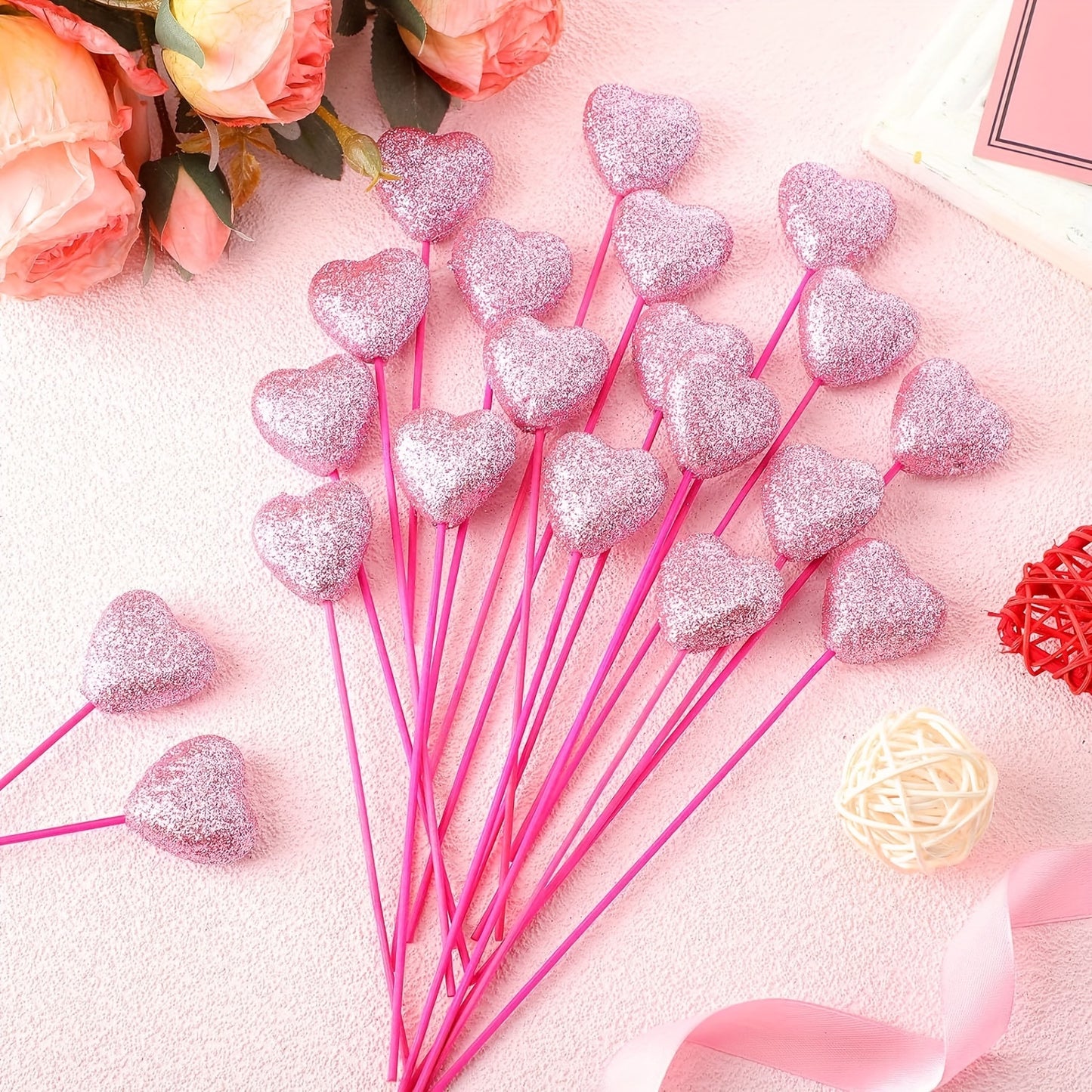 24 Glitter Foam Hearts Picks in red and pink for Valentine's and wedding decor.