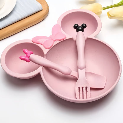 3PCS Cartoon Shaped Training Bowl with Divided Bowl, Snack Plate, and Cutlery Set. Includes 1 Bowl, 1 Spoon, and 1 Fork. Dishwasher safe, non-toxic, BPA free. Ideal for kitchen and tableware.