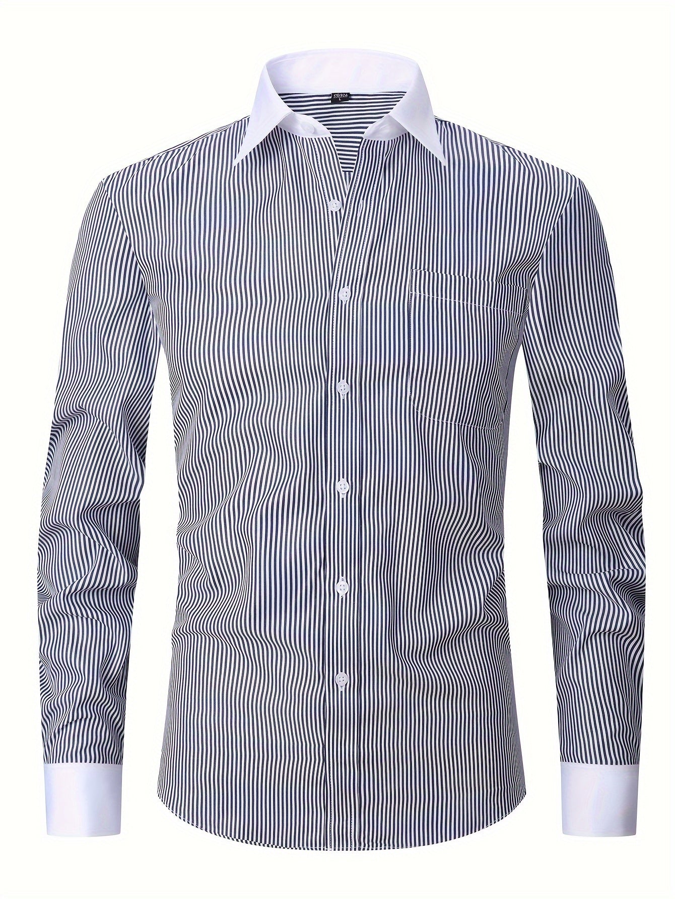 ESEA Men's Elegant French-Style Striped Dress Shirt: Long Sleeve, Double Layered, Cotton Blend with Chest Pocket, Perfect for Weddings & Events, Includes Random Cufflinks