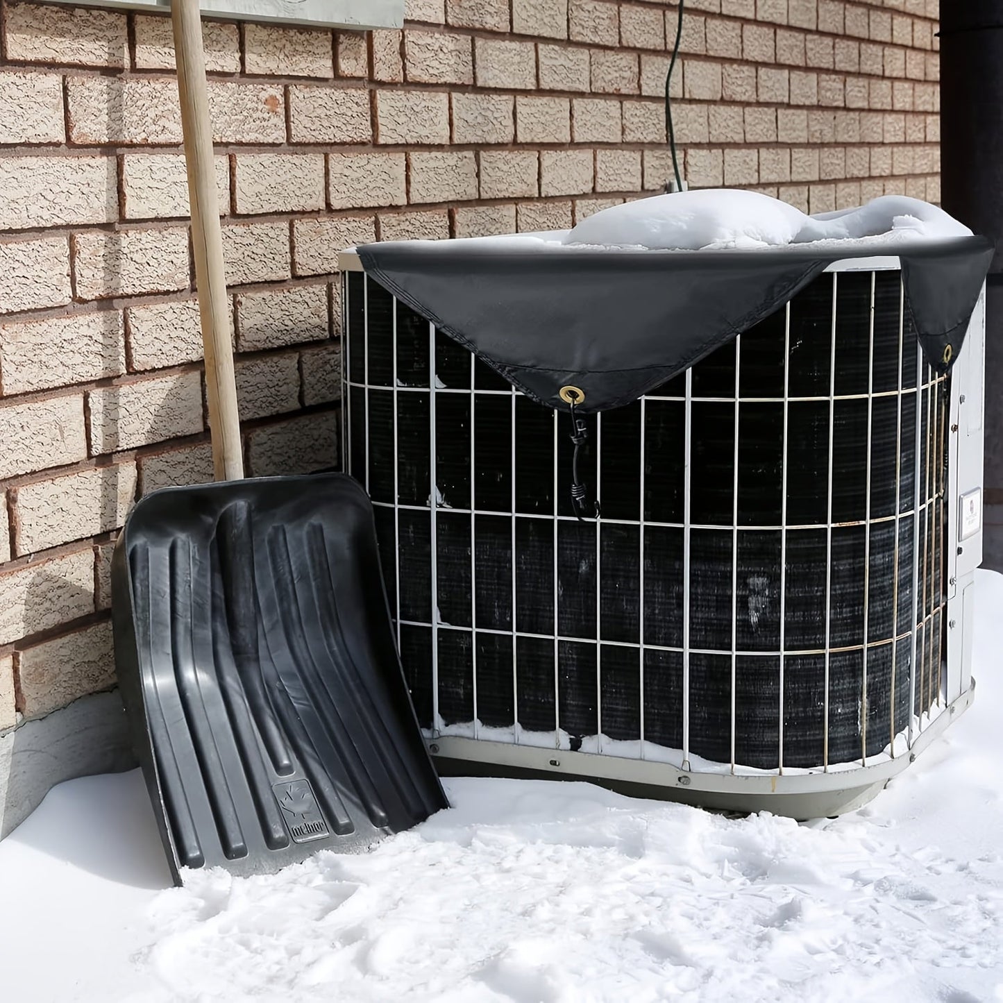 Heavy duty universal outdoor air conditioning unit cover with waterproof top and elastic cord for secure fit. Made from durable PP & ABS material, this cover does not require electricity and effectively protects against leaves, debris, snow, and rain.