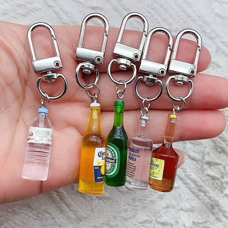 Set of 5 Miniature Beverage Bottle Keychain Set, Made of Resin & Alloy, Ideal for Keys, Phones, Bags, Great for Parties and Unique Gifts