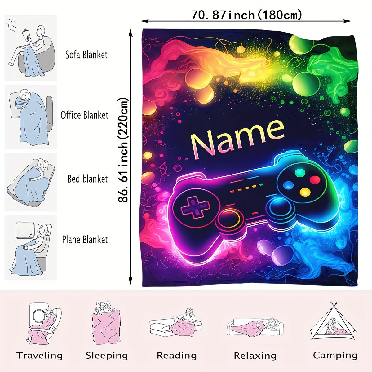 Stay warm and cozy with the 1pc CozyCraft Customizable Gaming Controller Pattern Throw Blanket. Made from lightweight flannel, this blanket is soft, warm, and allergy-free. With a digital print design, this versatile blanket is perfect for using on the