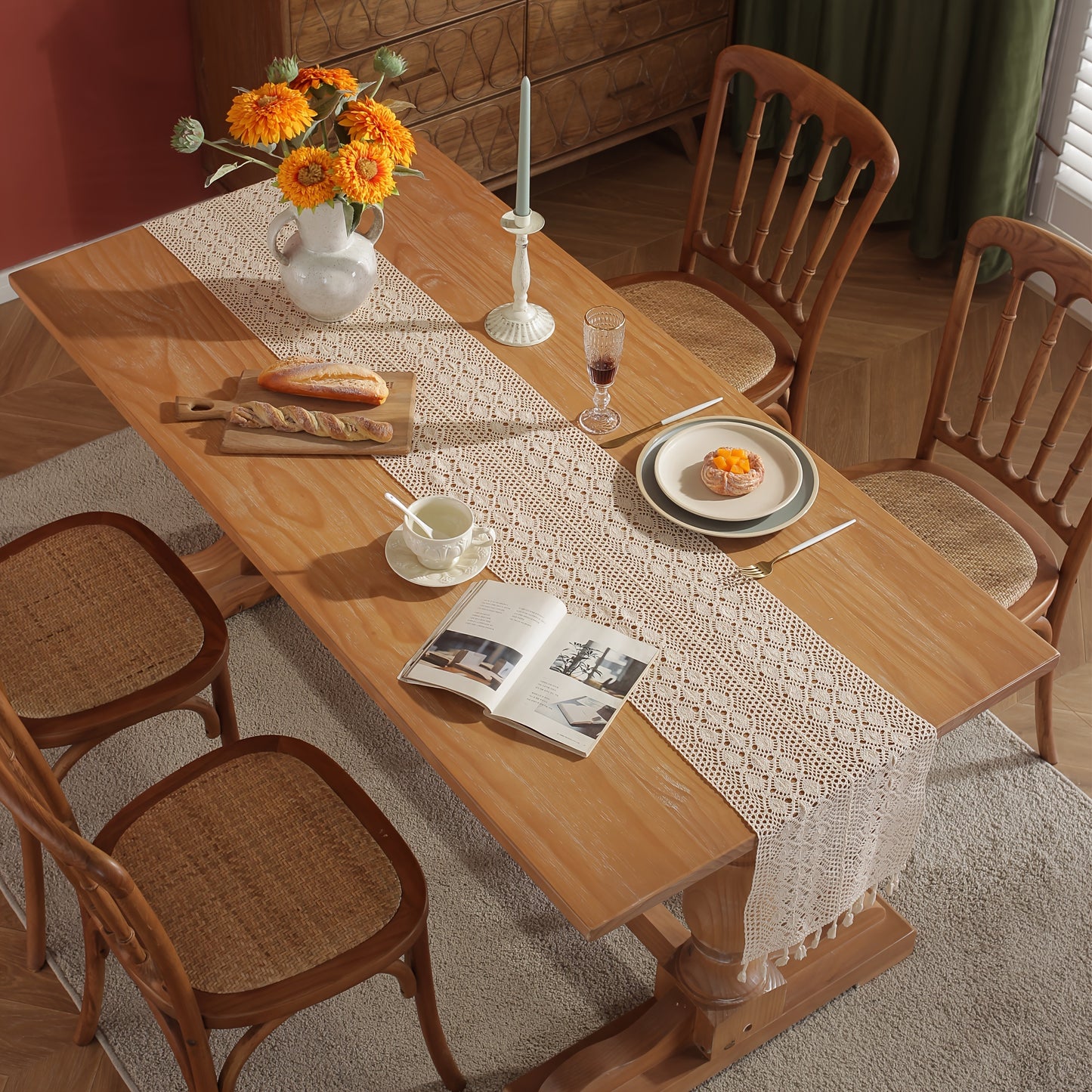 Beige geometric crochet table runner made of pure cotton linen with small rhombus pattern and hollow lace design.