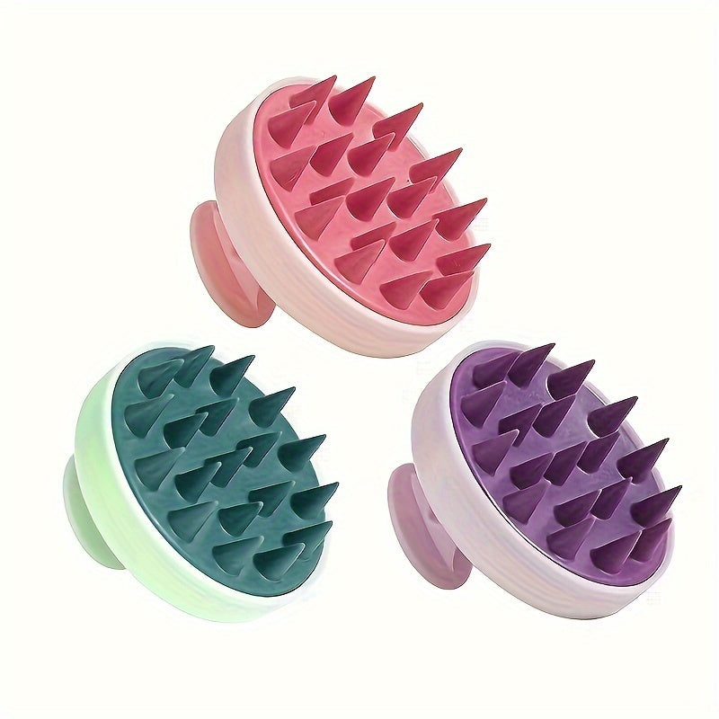 Silicone scalp massager with gentle exfoliating shampoo comb. No batteries needed, comes in 3 colors.