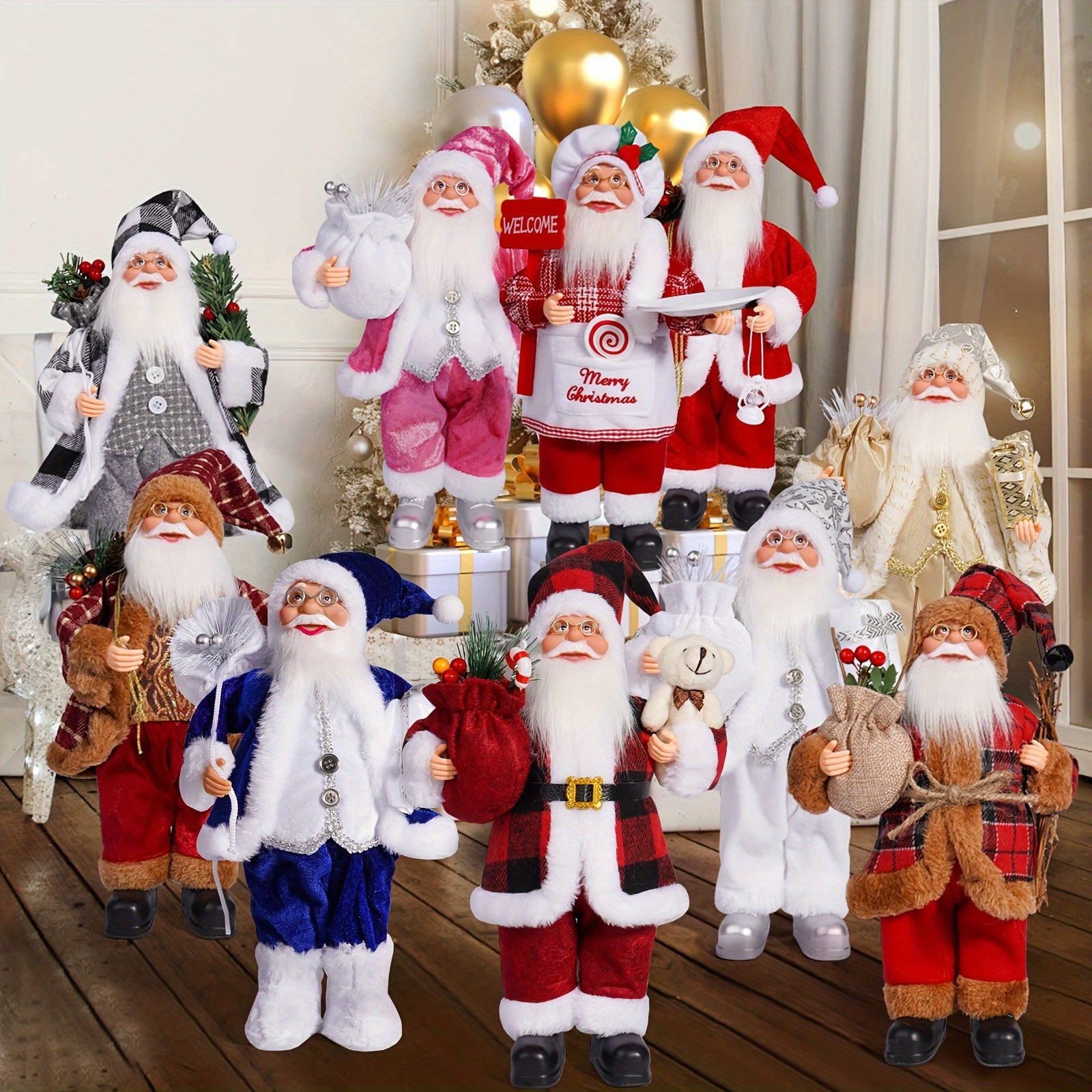 Christmas atmosphere enhanced with decorations, gifts, and Santa Claus display.