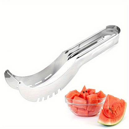 Stainless steel fruit slicer for cutting watermelon and cantaloupe quickly and easily.