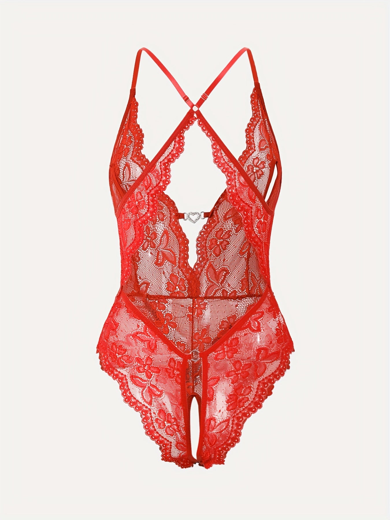 Sexy adult bodysuit in lacy red with deep V-neck, bow detail, floral print, made of nylon, in adult size.