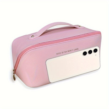 Yiwu-produced chic pink PU cosmetic case for women with large capacity and durable edge paint, featuring a chic pillow shape and polyester lining.