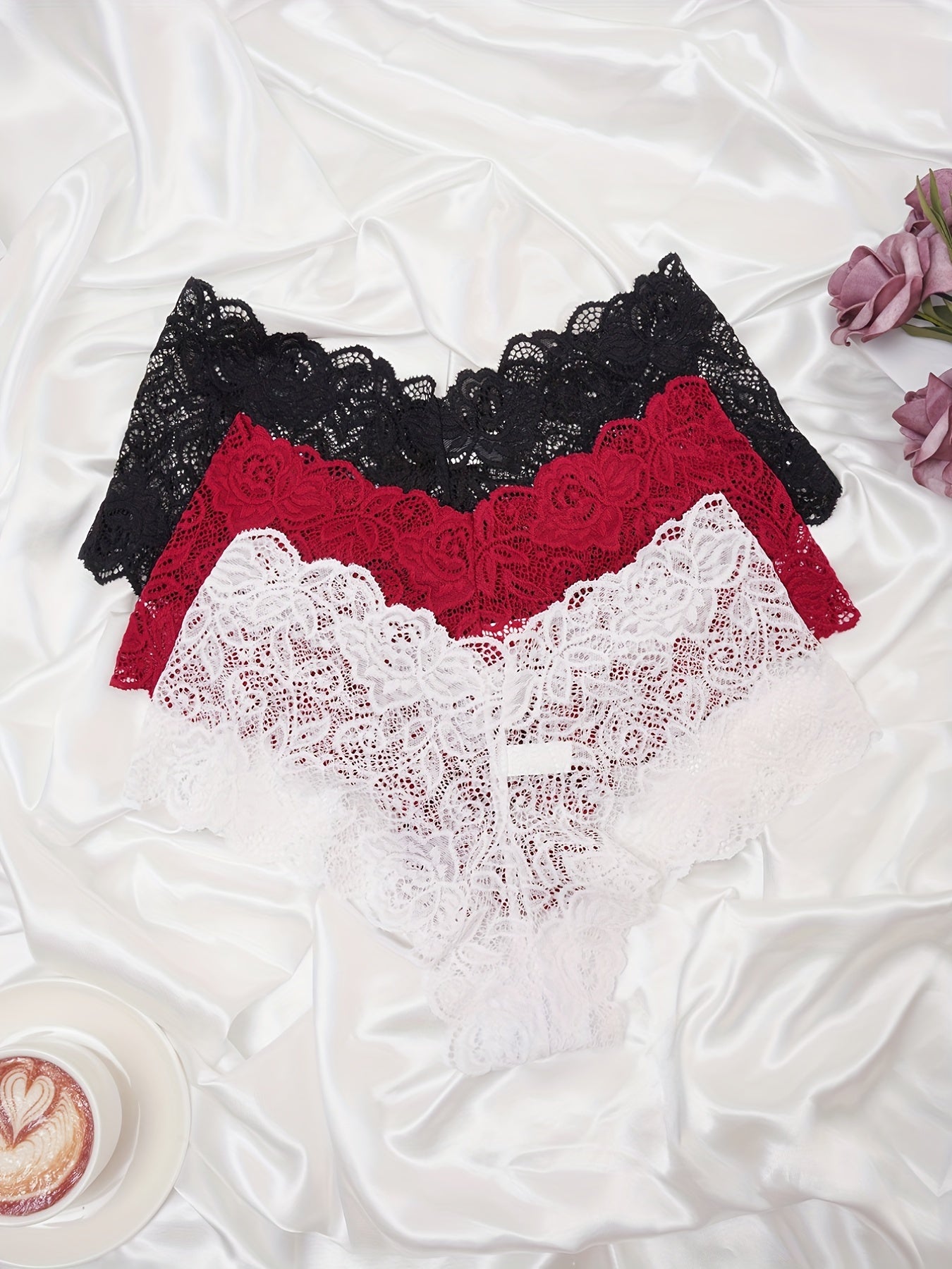 3 Floral Lace Panties, Soft and Breathable with Scallop Trim, Women's Intimates