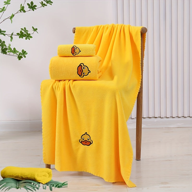 3-piece yellow duck design coral fleece towel set, absorbent and lint-free for bathroom, Halloween, and Christmas decorations.