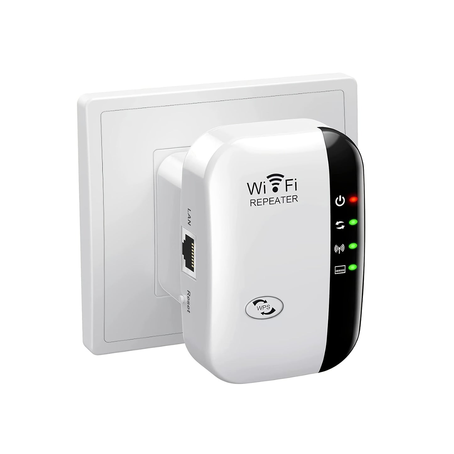 WiFi extender with 300Mbps, strong signal, up to 35 device support, one-tap setup, and Ethernet port for home, office, and cafe use.