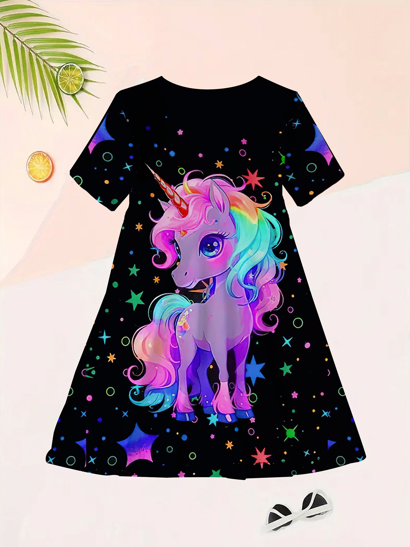 Adorable girls' dress with unicorn and star print, ideal for birthday parties and spring/summer events.