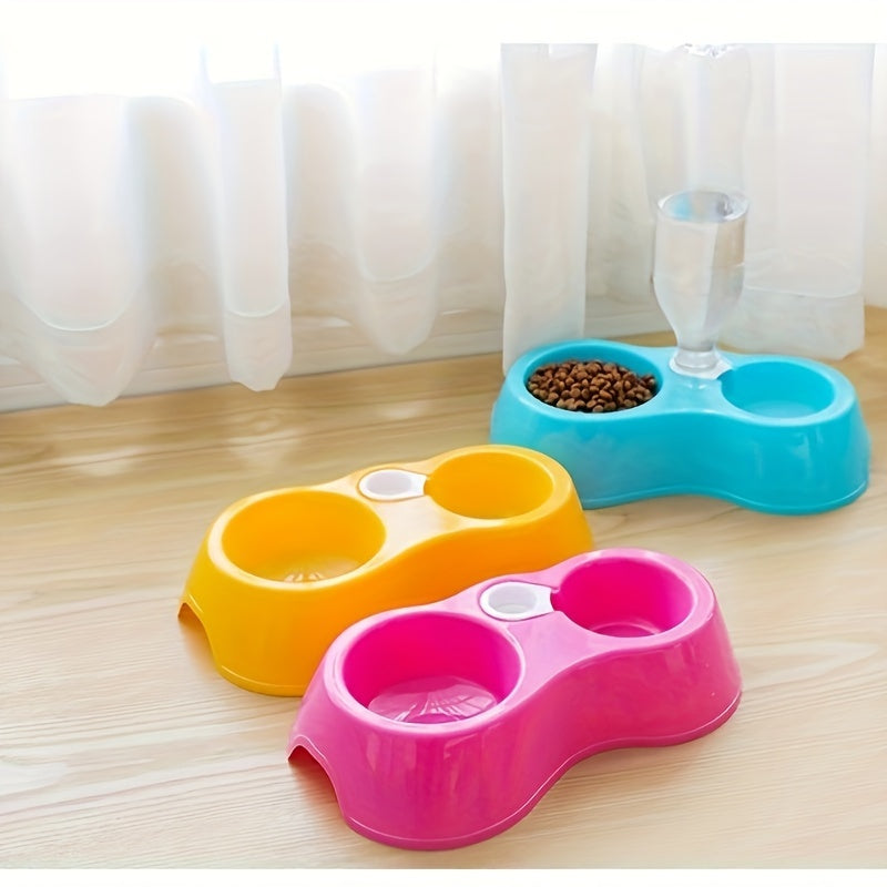 Automatic pet feeder and water dispenser set with double bowls for cats and dogs, made of plastic material and does not require batteries.