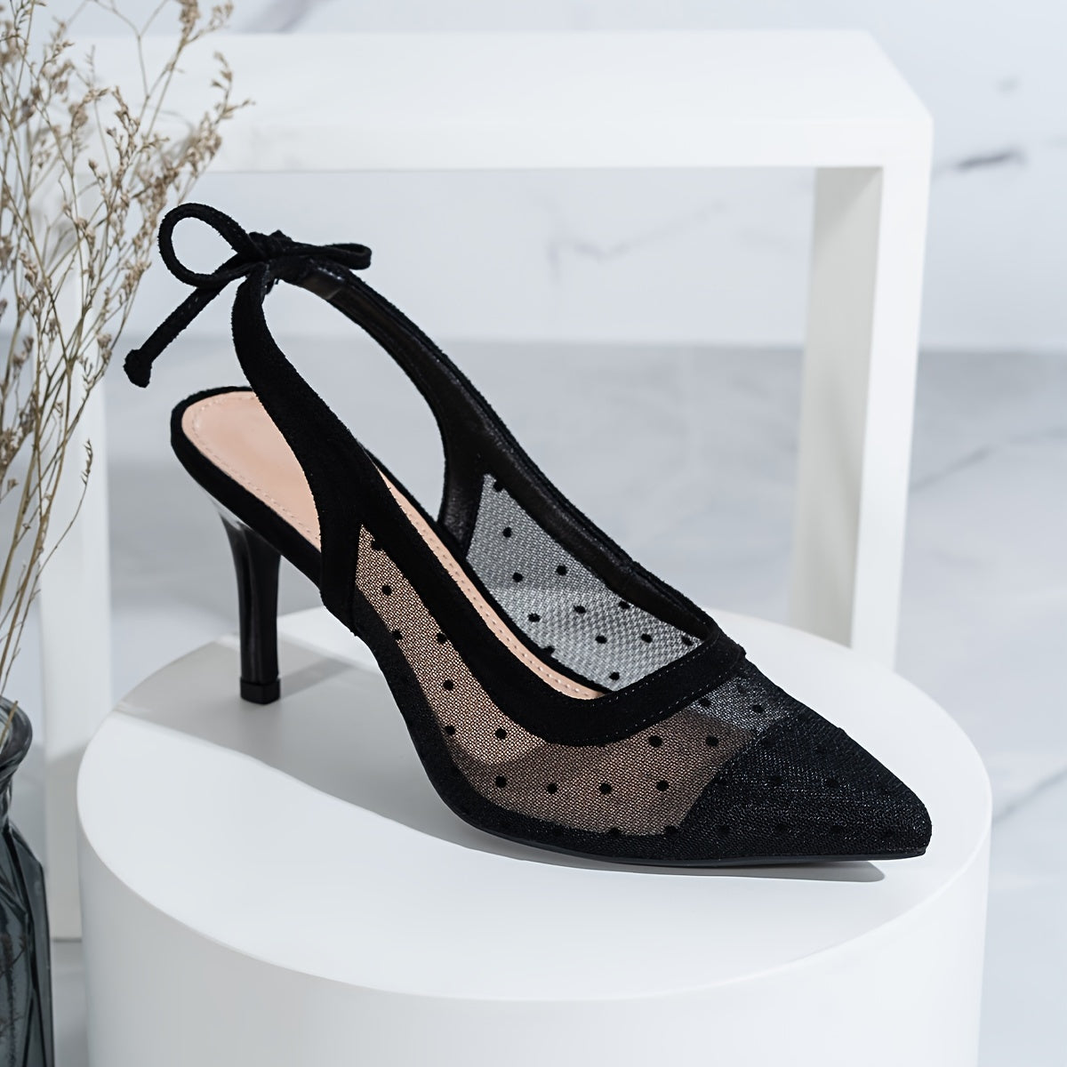 Mesh point toe shoes with ankle bowknot strap, breathable and comfy stiletto slingbacks for women.