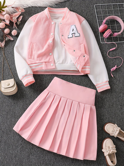 Set of 2 includes a baseball jacket with embroidered letters and a pleated skirt.