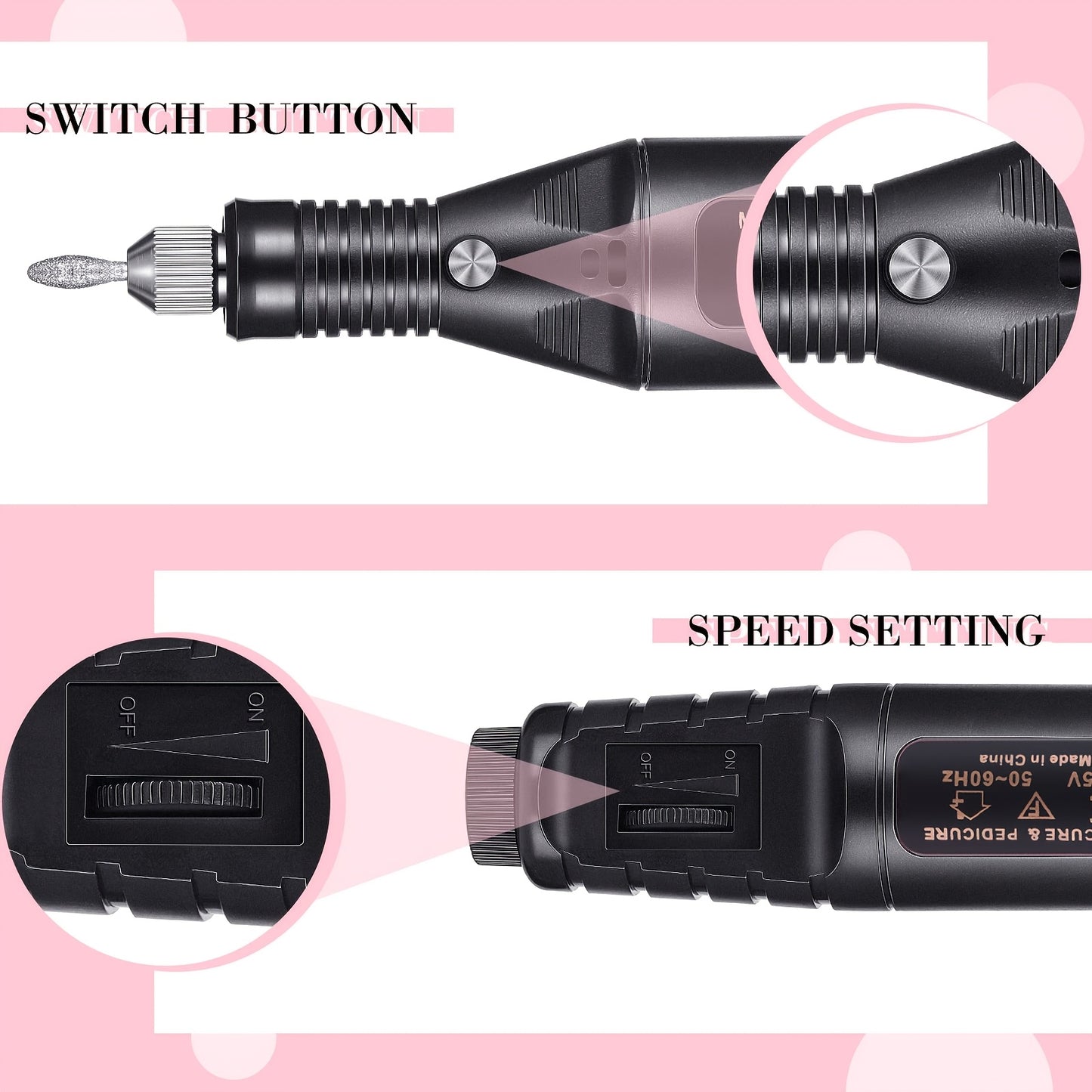 Portable electric nail drill kit with adjustable speed, USB-powered, includes multiple attachments for DIY nail art and manicure/pedicure, no battery required.