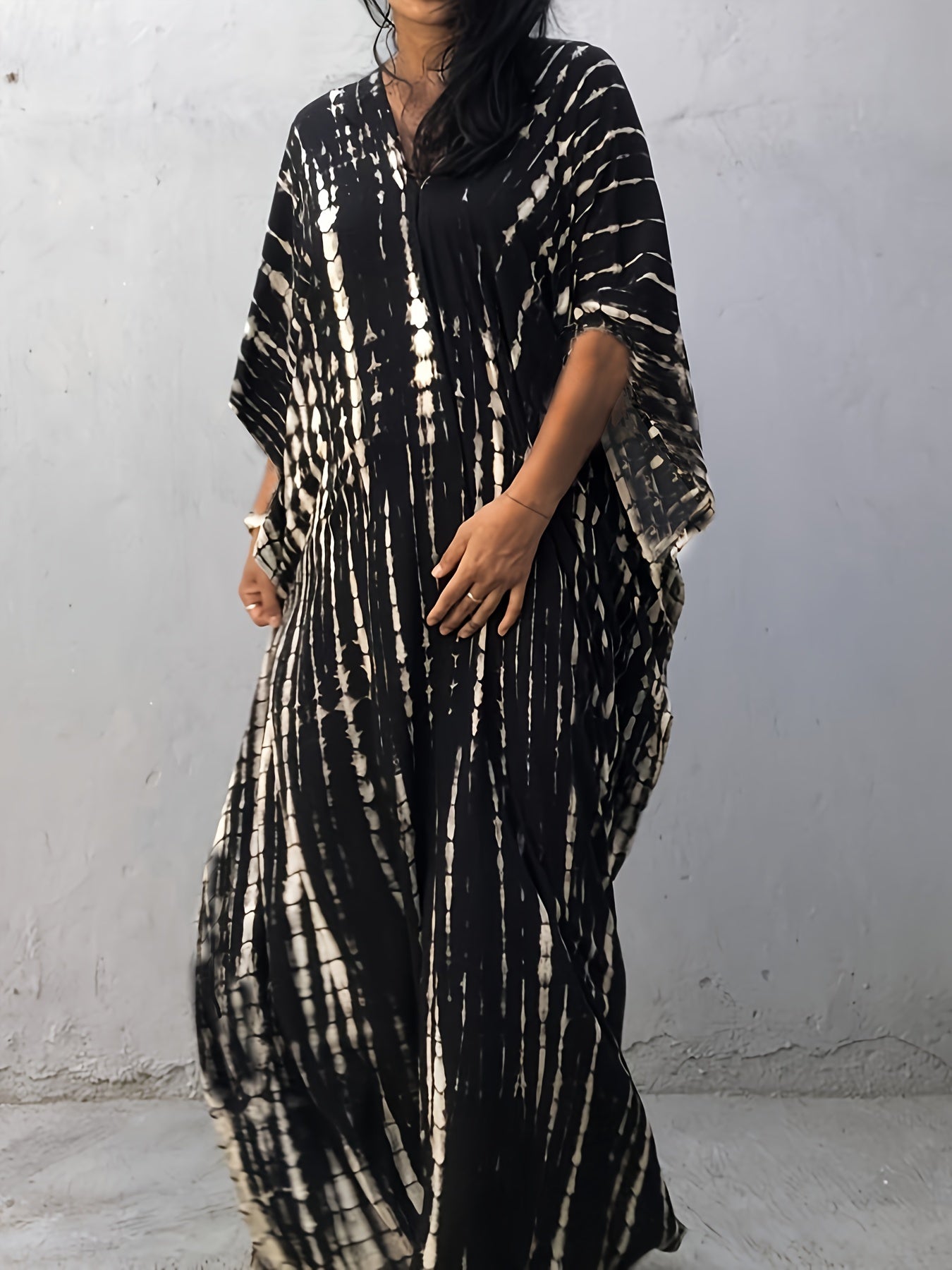 Boho Chic Plus Size Black & White Colorblock V-Neck Kaftan Dress - Loose Fit, Machine Washable, Bone Chain, Long