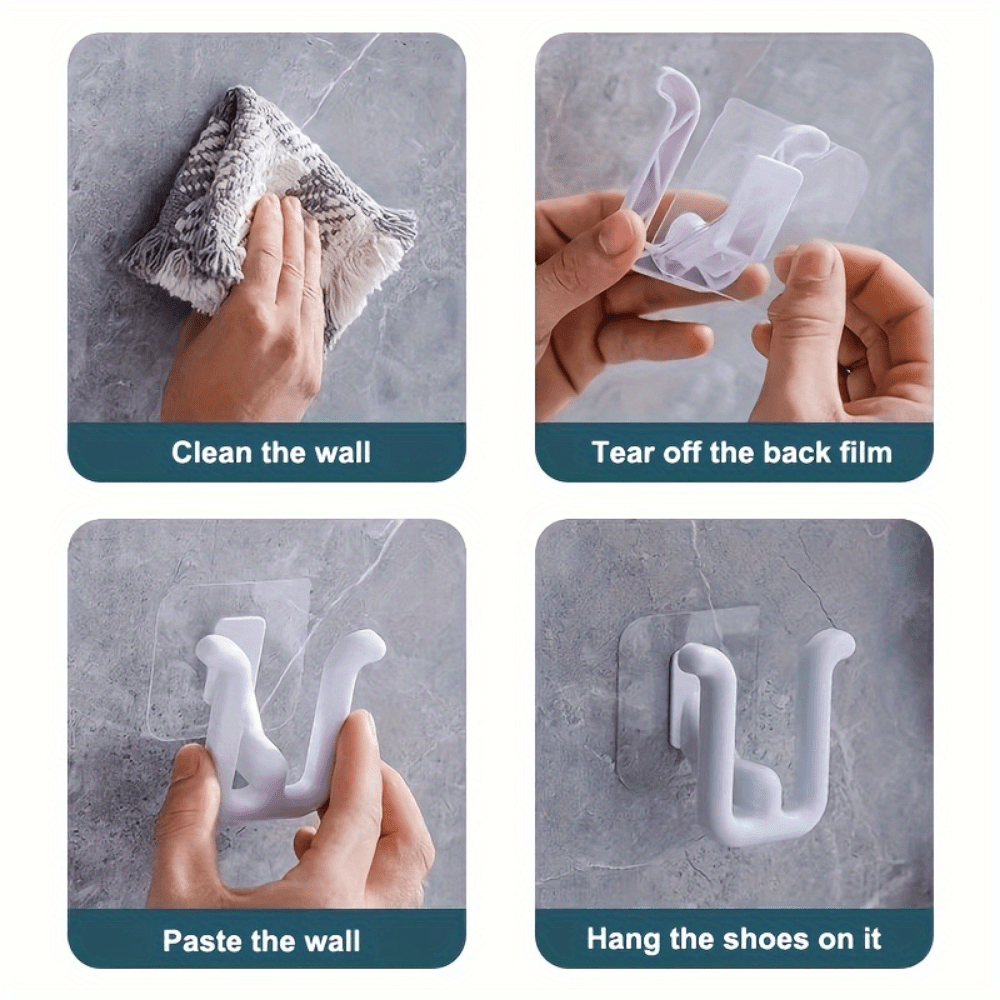 This set includes 2 waterproof shoe hooks that are specifically designed for mounting on non-perforated surfaces. They are perfect for hanging shoes in bathrooms, kitchens, and bedrooms, making them a great addition to your organization tools.