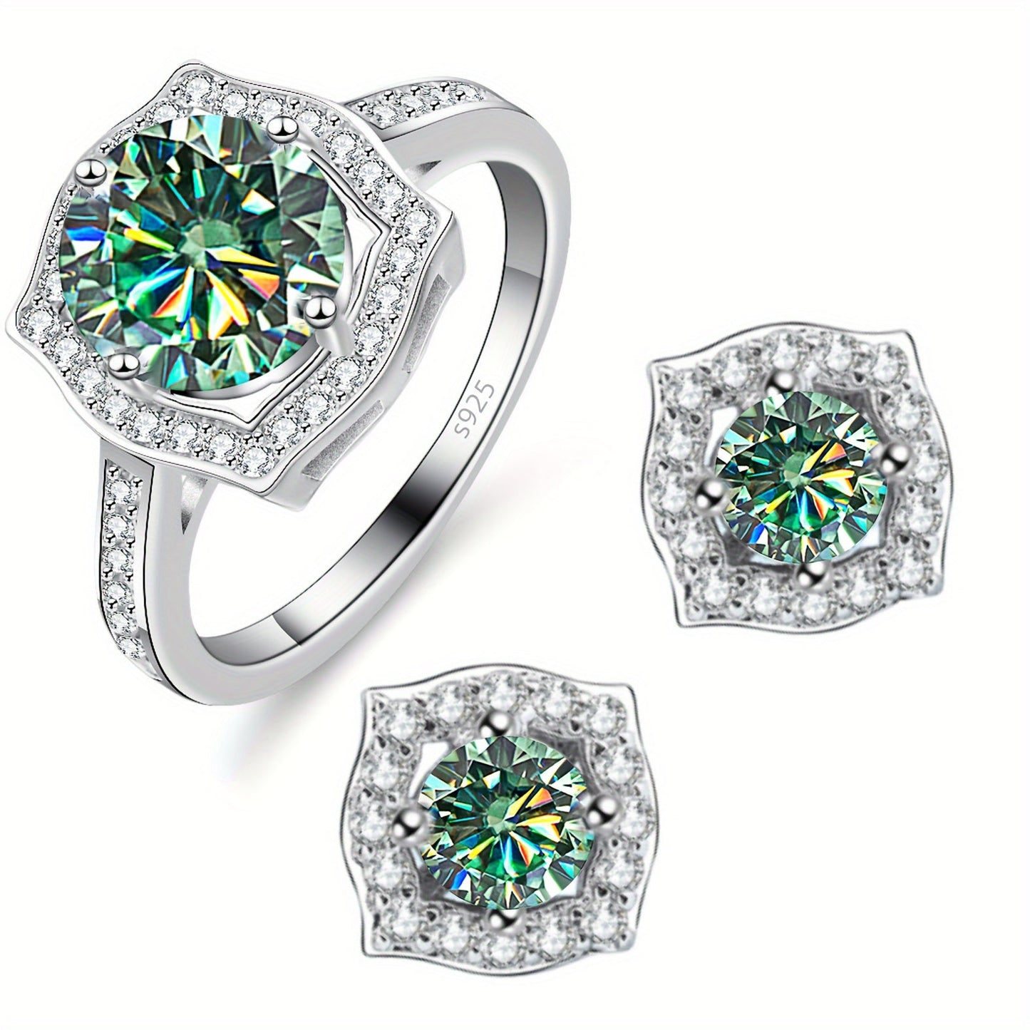 3-piece set of high-quality jewelry from Gems Lady, featuring a 2-carat Moissanite ring and two 1-carat Moissanite ear studs. Made of hypoallergenic S925 sterling silver, this set comes in a gift box and is perfect for weddings, parties, and as a stylish