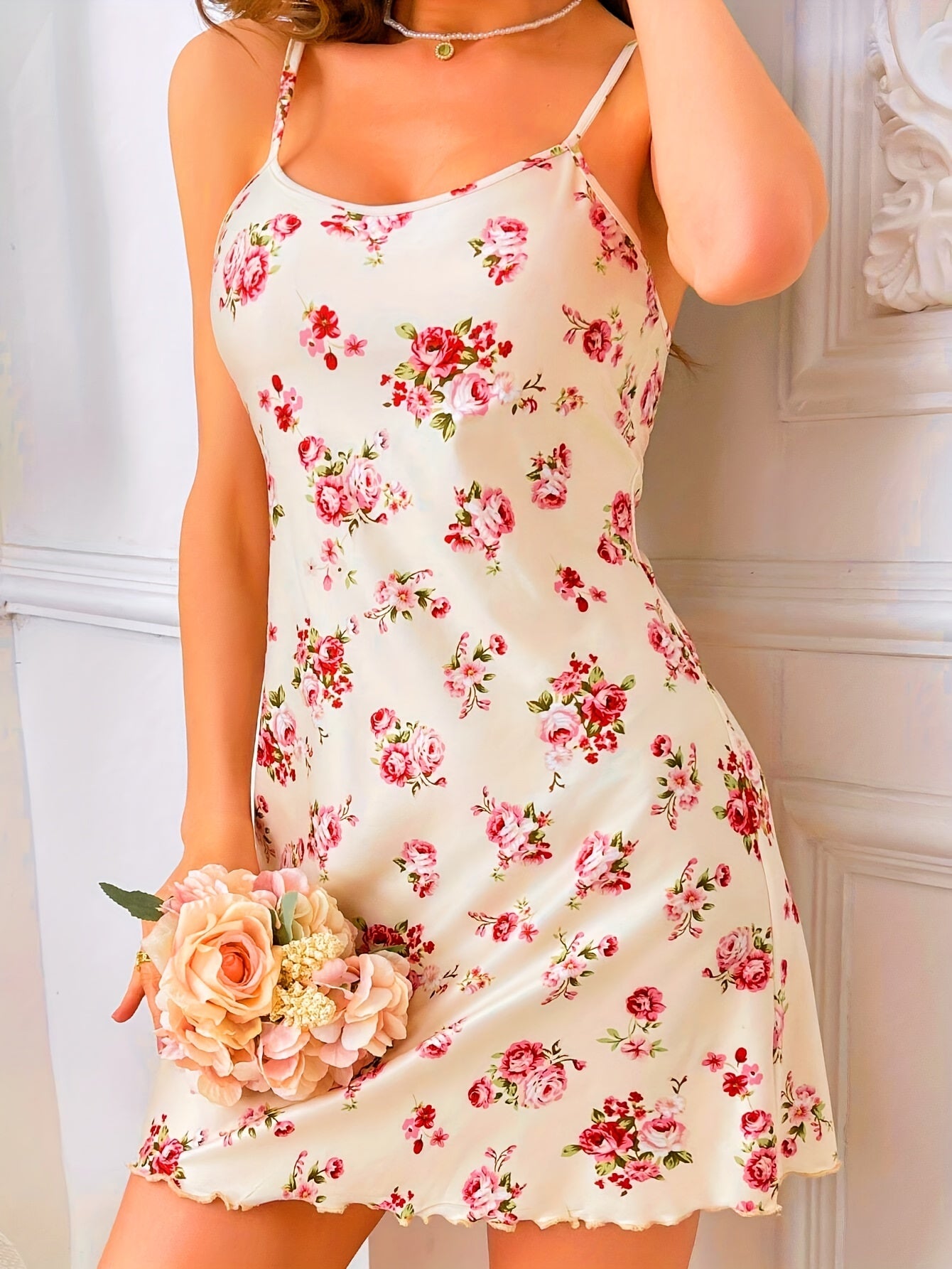 Floral print nightgown with lettuce trim round neck and backless design, perfect for women's sleepwear.