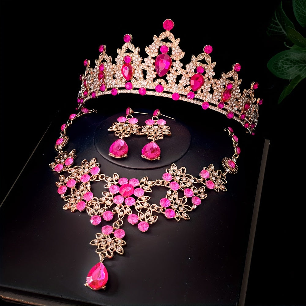 3pc Bridal Crown Set with Tiara, Necklace, and Earrings for Wedding, Photo-shoots, and Parties