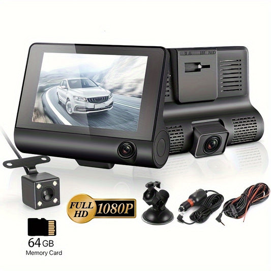 YiXingjia HD 3-Lens Dash Cam with Night Vision offers front, interior, and rear views, suction cup mount, loop recording, and reversible image.