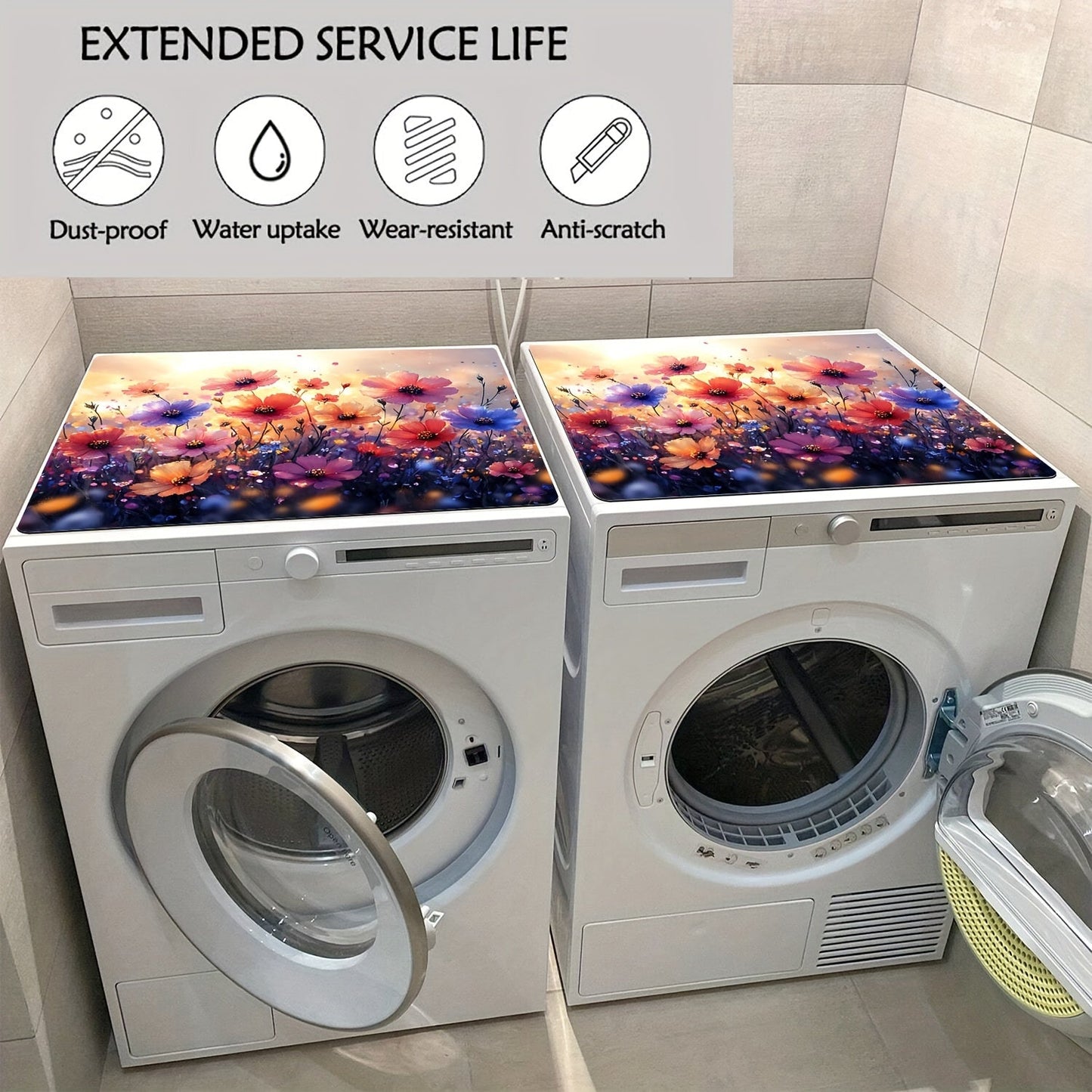 1pc Floral Washing Machine Dust Cover Mat made of polyester, perfect for protecting your washer, dryer, and small appliances. This universal quick-dry top pad is not only practical but also adds a modern touch to your home decor. Its absorbent and