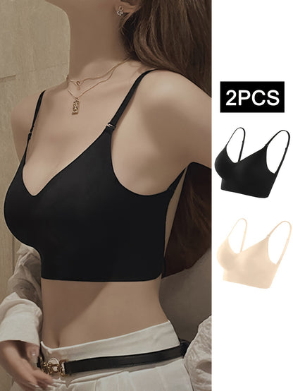 Solid Seamless Backless Bra - Wireless Push Up, Comfy & Breathable