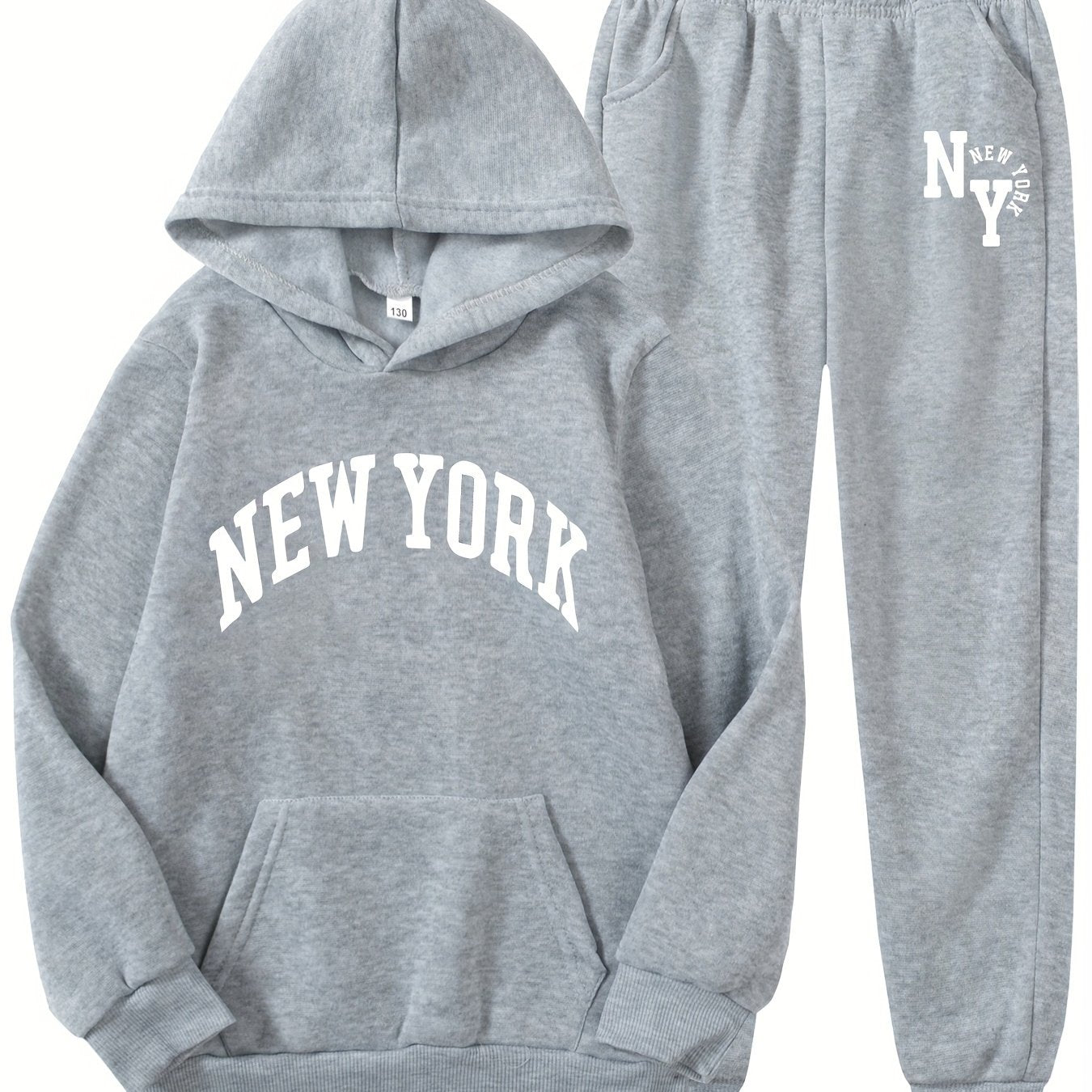 New York letter print hoodie and sweatpants set for kids. Made of casual polyester knit fabric with pockets. Slight stretch and regular fit for boys, girls, teens, and children. Ideal for