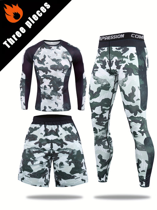 Men's camo compression set includes long sleeve top, shorts, and leggings for outdoor and training.