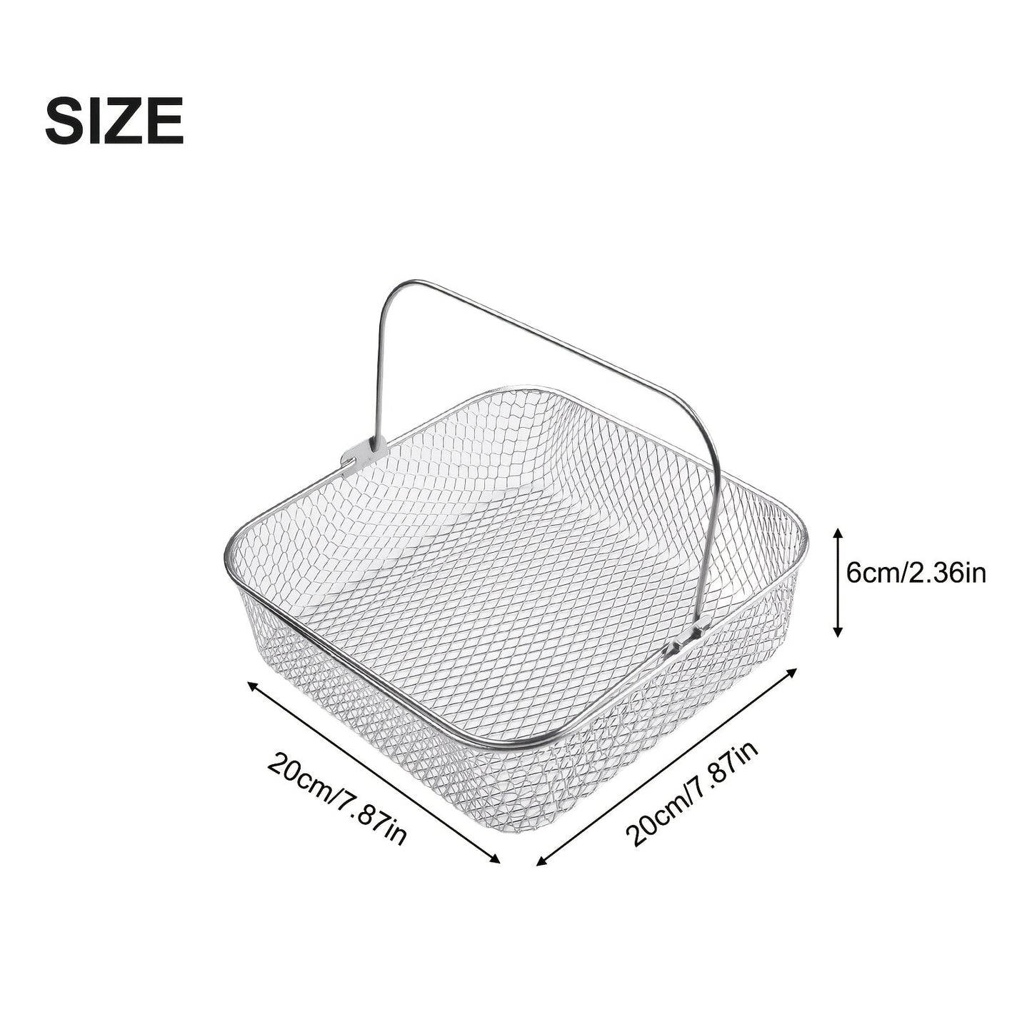 Experience the convenience of the 1-piece URTUE Stainless Steel Air Fryer Basket - square mesh design with a convenient carry handle. This breathable accessory is perfect for air frying and is safe for use in ovens and with food contact. No electricity