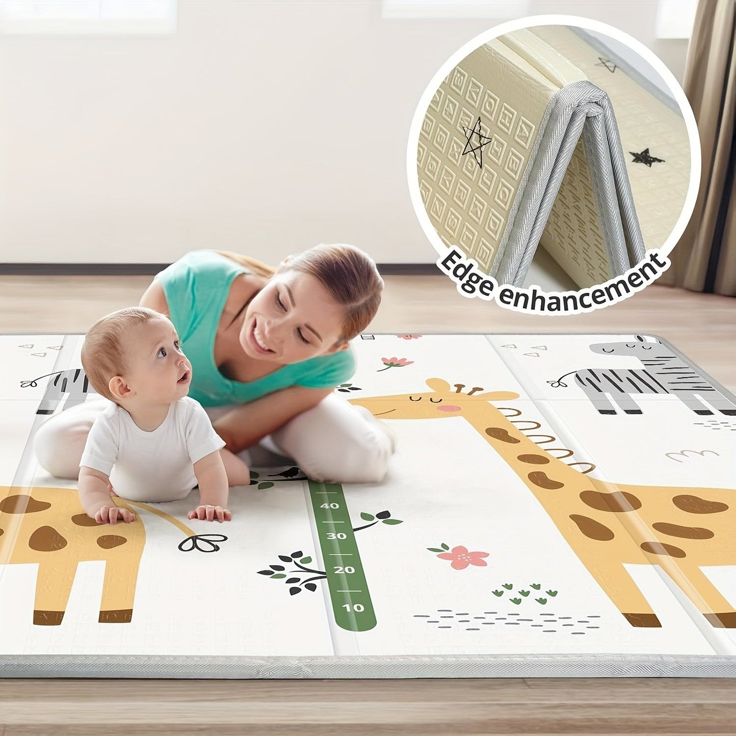 This reversible giraffe and geometric play mat is designed for youngsters, measuring 127.0x127.0 cm. It is waterproof, made of thick foam for safety, and can be easily folded and carried. This portable floor mat is perfect for both toddlers and young