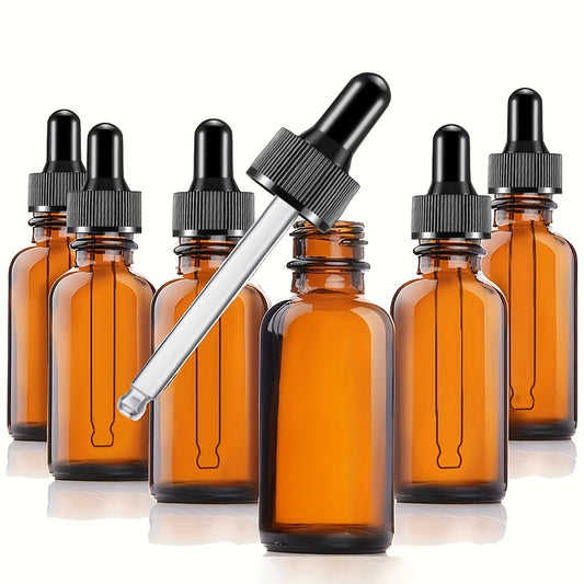 12/6 amber glass dropper bottles with teal glass droppers, in 30ml and 60ml sizes. Ideal for cosmetics, perfumes, essential oils, and lab dispensing.