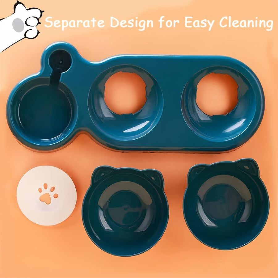 Triple cat bowl set with automatic water dispenser, tilted and rotatable design, includes food, water, and snack bowls in durable plastic - perfect for cats.