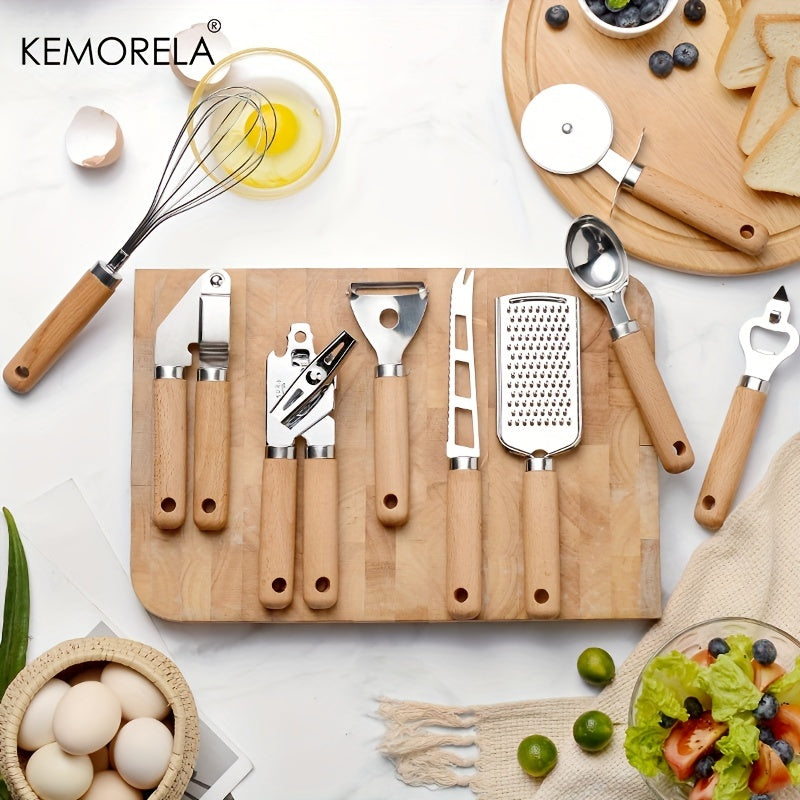 Set of 9 kitchenware pieces with wooden handles, including a stainless steel can opener, garlic press, cheese knife, grater, bottle opener, ice cream scoop, pizza cutter wheel, melon grater, egg beater, and other kitchen gadgets.