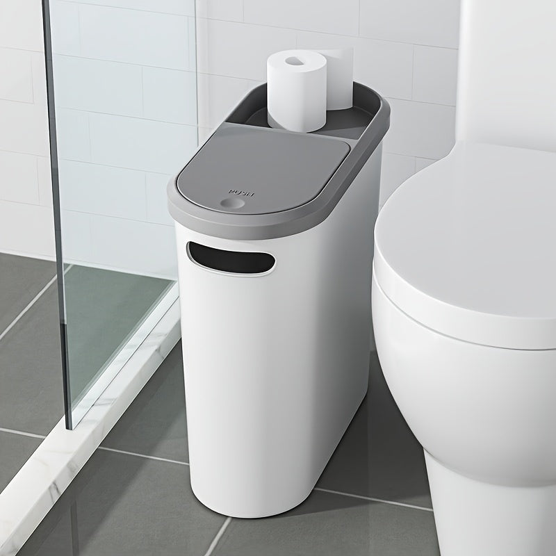 One-piece bathroom trash can with lid and slit for easy disposal. Perfect for home use.