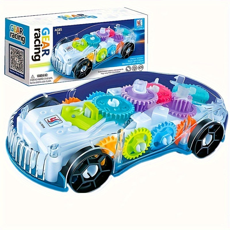 Small car model featuring a transparent electric universal gear concept with music and light, designed for racing simulation.