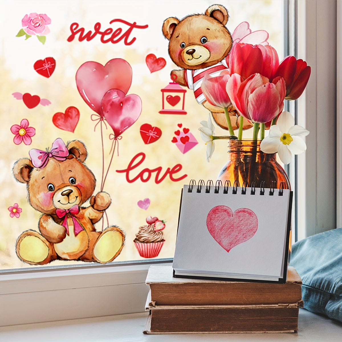 Valentine's Day Teddy Bear Heart Balloons Window Stickers - 2 Sheets, Made of Reusable PVC, Static Cling for Easy Application, Double-Sided Design for Enhanced Visual Appeal, Perfect for Holiday Decor, Model D10010-KQ.