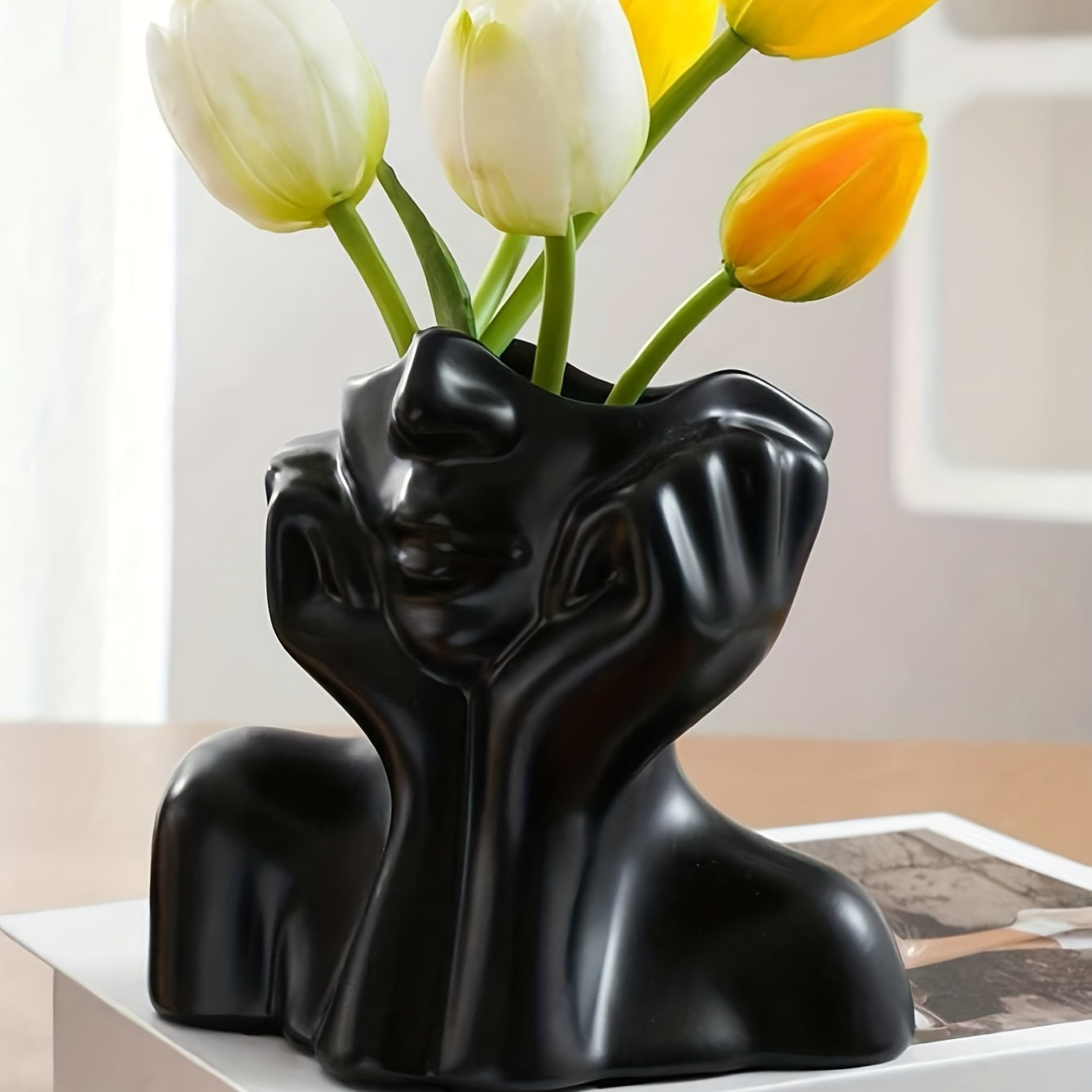 Resin vase with human face design, Nordic home decor, white double-handled vase for tabletop floral display.