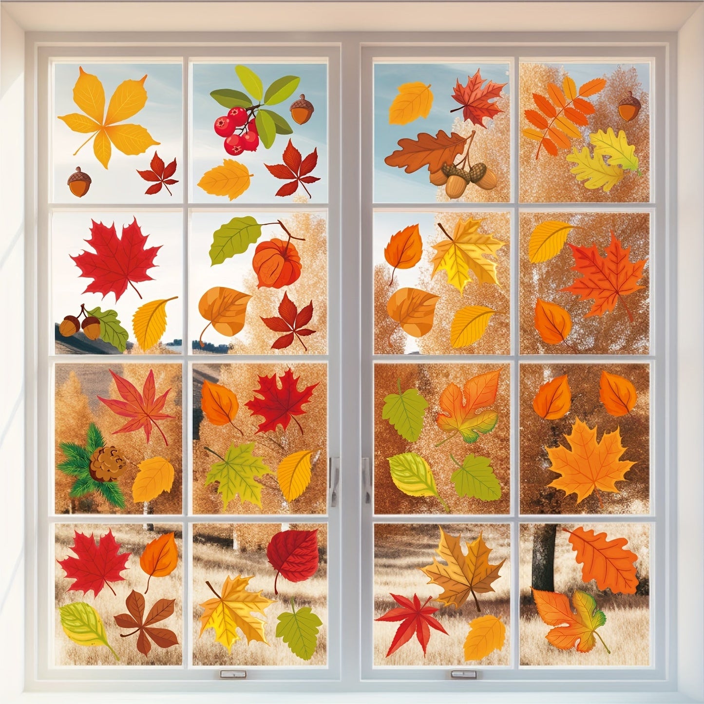 Decorate your bedroom or living room windows with a set of 6 sheets containing 64 autumn maple leaf electrostatic stickers, perfect for Thanksgiving and autumn harvest decorations.