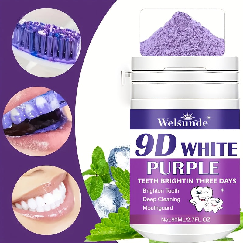 Welsunde 9D White Purple Tooth Powder: Deep cleans, brightens teeth, and freshens breath. Ideal for daily use and travel. 80g.