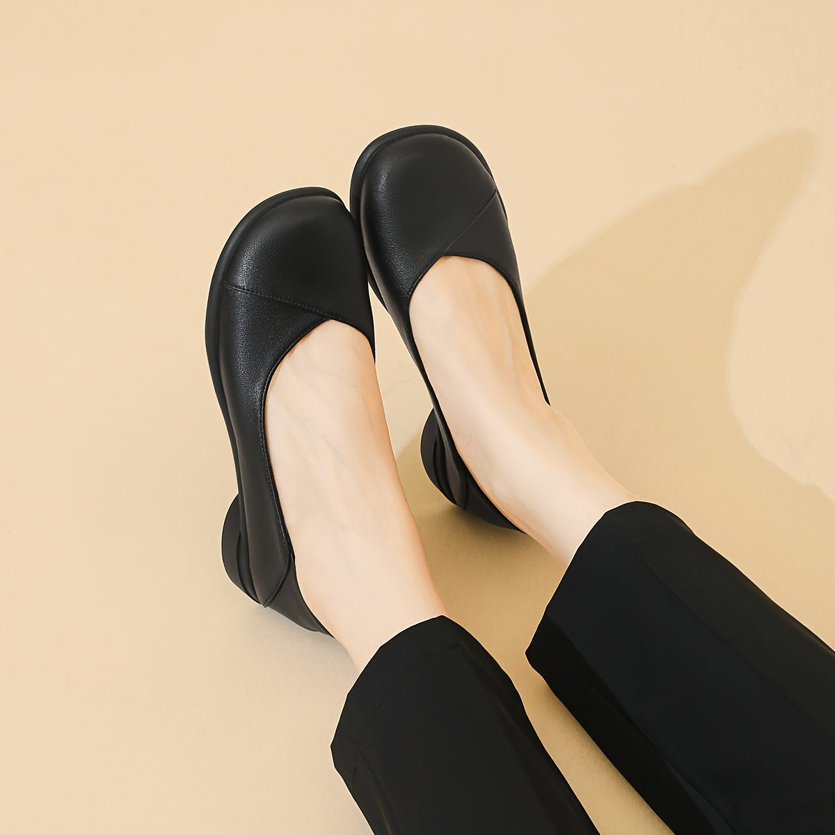 Minimalist women's dress shoes: Lightweight microfiber flats with round toe, solid color, rubber sole. All-season work footwear, no need to wash. Crafted in Huizhou.