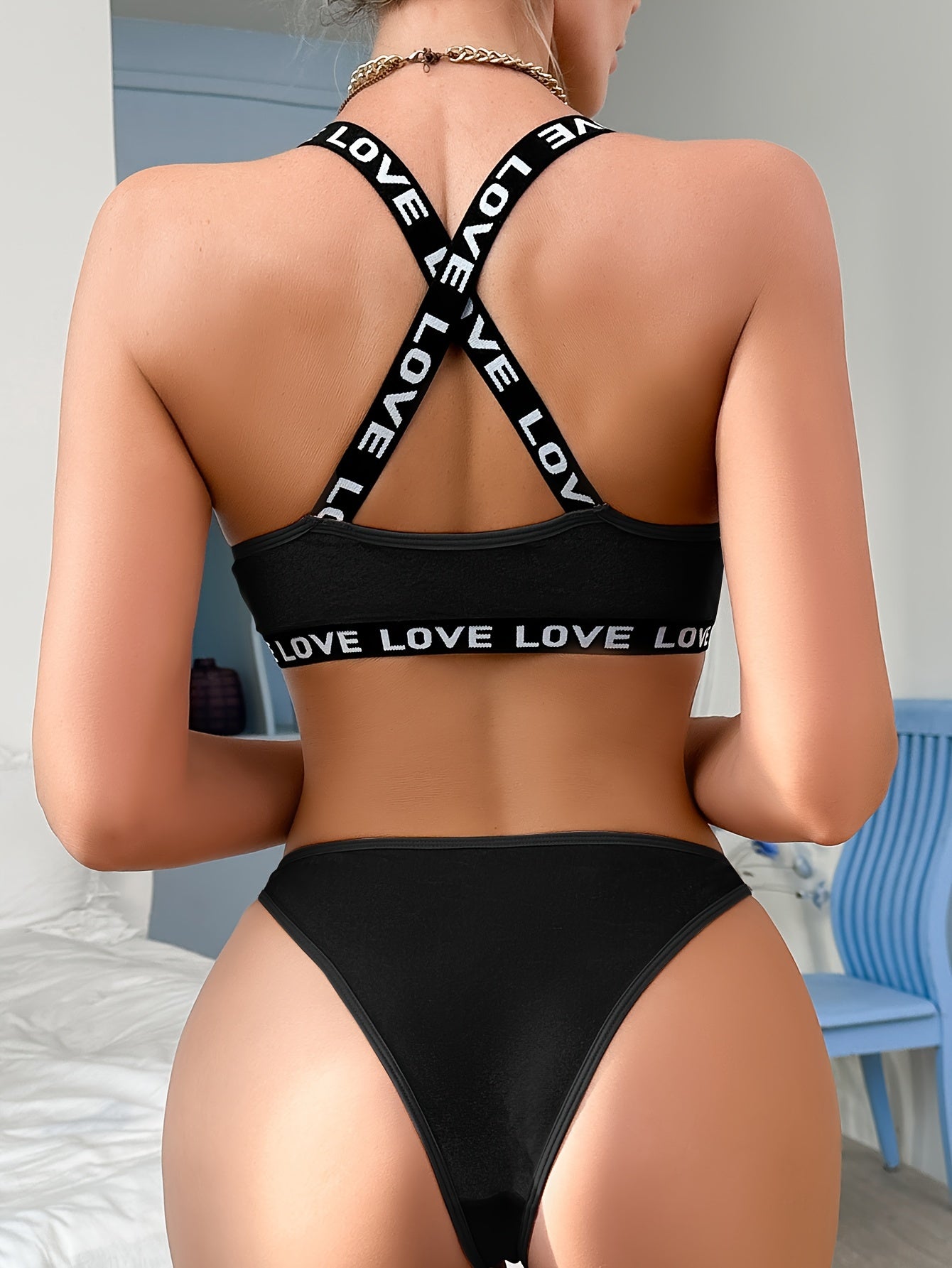 Fall and Winter Velvet Women's LOVE Letter Woven Belt Lingerie Set